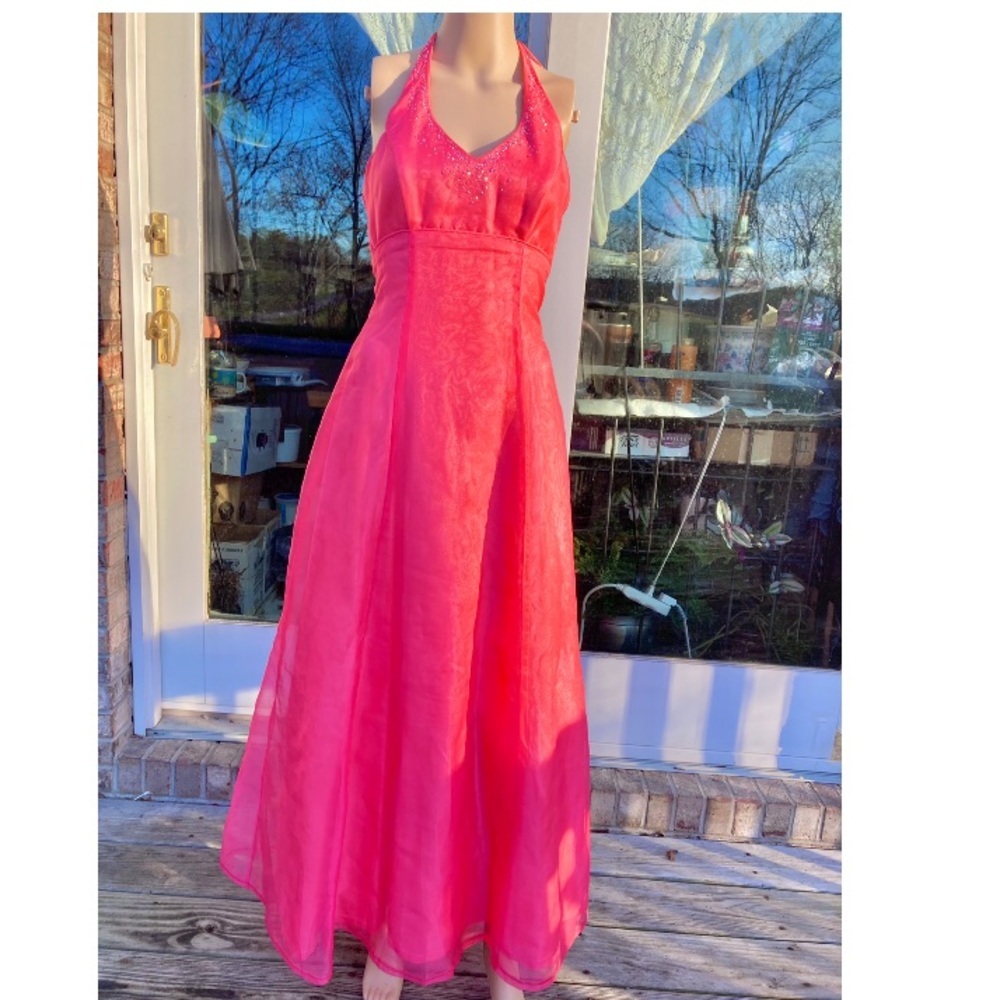 Vintage 90s Coral Blondie Nites Halter Prom Dress Gown